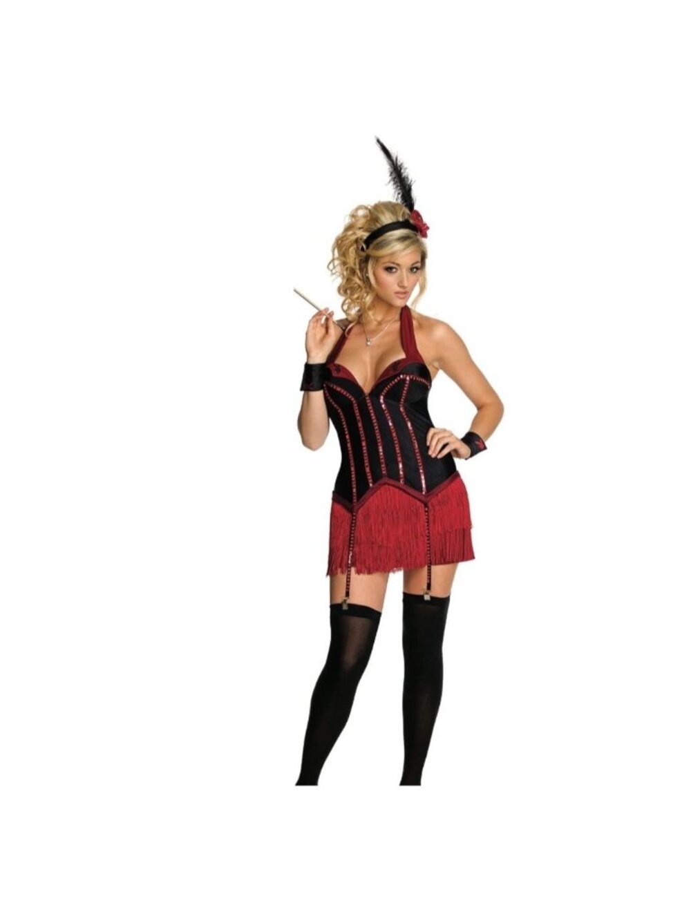 Playboy 20s Flapper Costume Gatsby Black Red Sequins Fringe Cosplay Set Size M